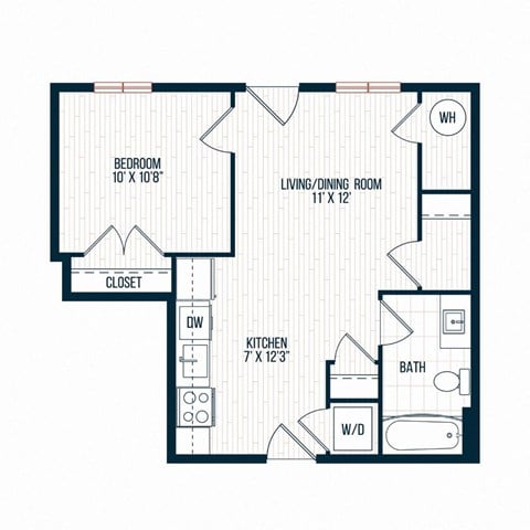 Floor plan for 1 bed, 1 bath, 574 sqft
